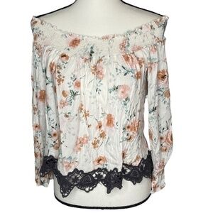 Taylor and Sage Top Floral Print Off The Shoulder Long Poet Sleeve Lace Hem Sz L